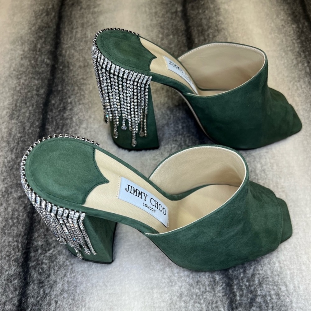 Jimmy Choo Baia 100 mm Crystal Detailed Cactus Suede Mule Sandal Heels